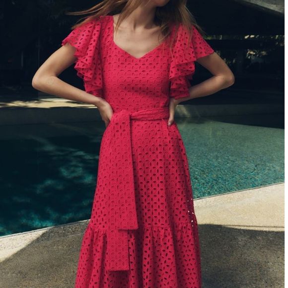 Zara Dresses & Skirts - Zara Fuchsia Openwork Embroidered Midi Dress
